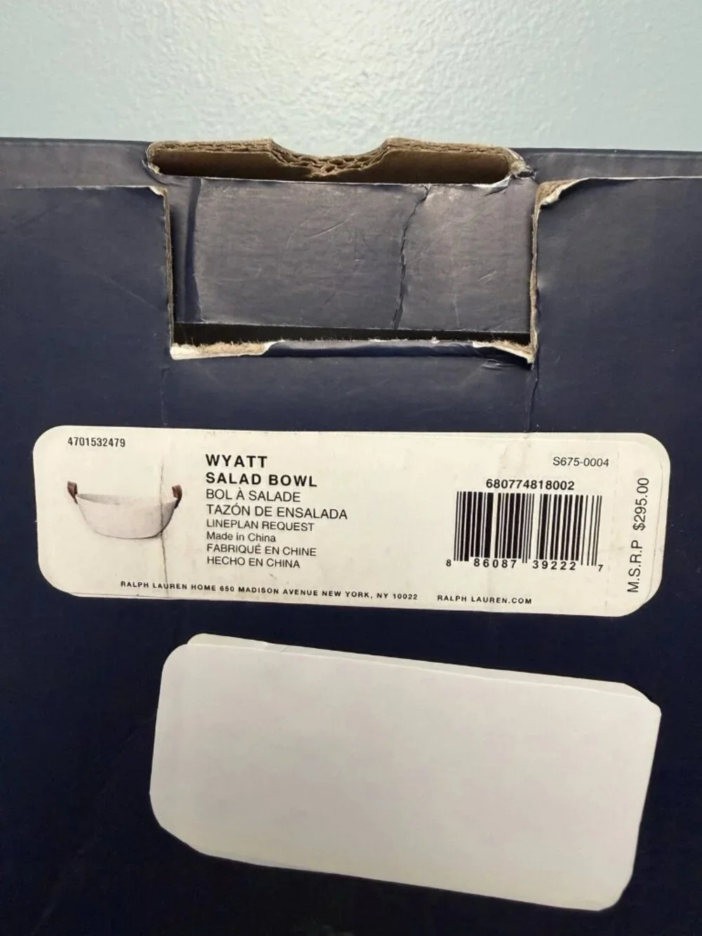 NEW w/Box & Tags - Ralph Lauren (Wyatt) Salad Bowl White- Brown Strap Handles